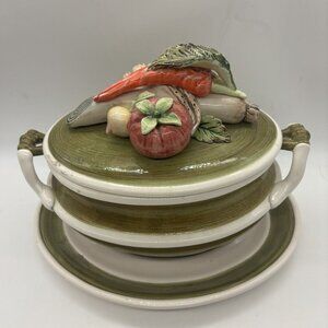 Vintage CapodimontGarden Harvest Arnart 3 Piece Soup Tureen Hand Painted 55/1718